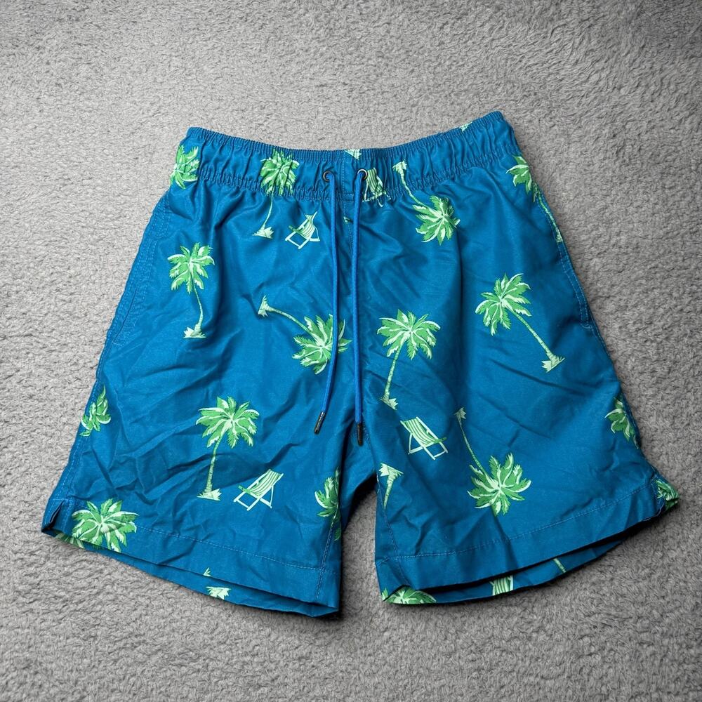 Party Sharks Swim Shorts Men's Small Blue Palm Tree Print
